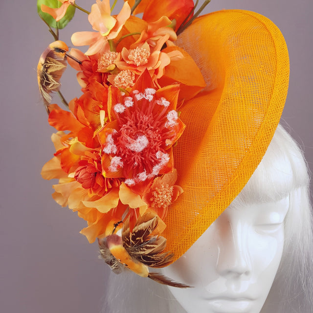 "Puesta de Sol" Orange Flowers & Hummingbirds Fascinator Hat