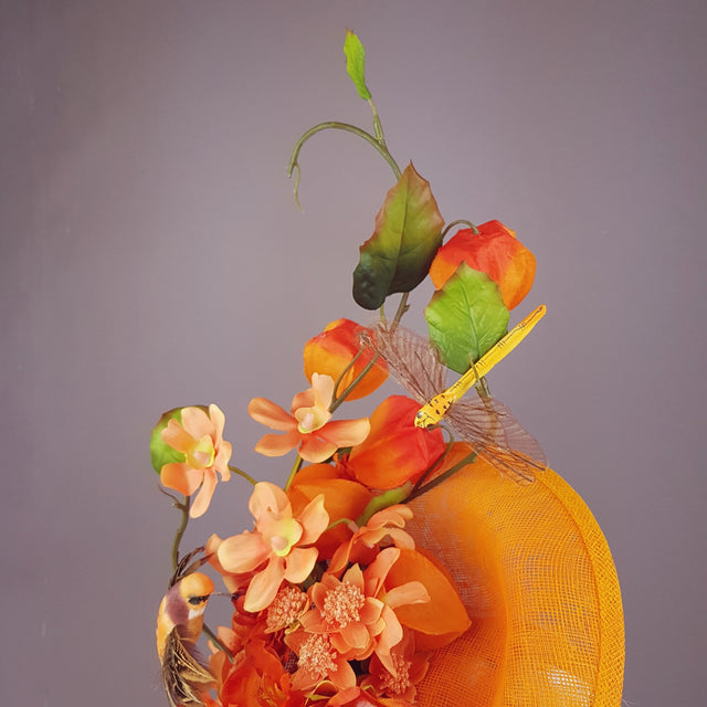 "Puesta de Sol" Orange Flowers & Hummingbirds Fascinator Hat