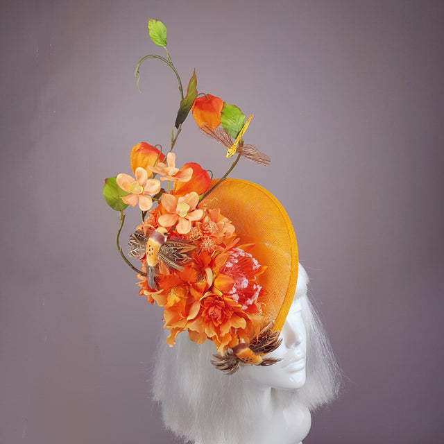 "Puesta de Sol" Orange Flowers & Hummingbirds Fascinator Hat