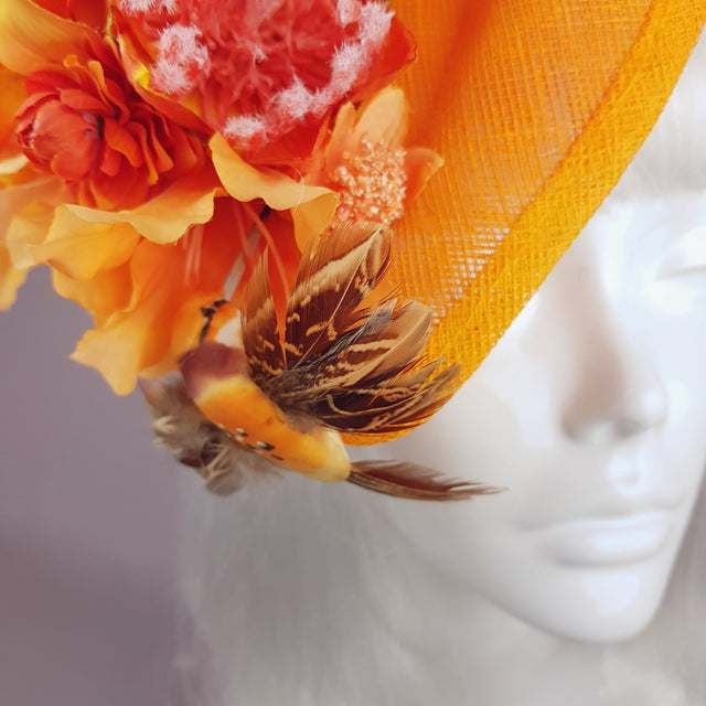 "Puesta de Sol" Orange Flowers & Hummingbirds Fascinator Hat