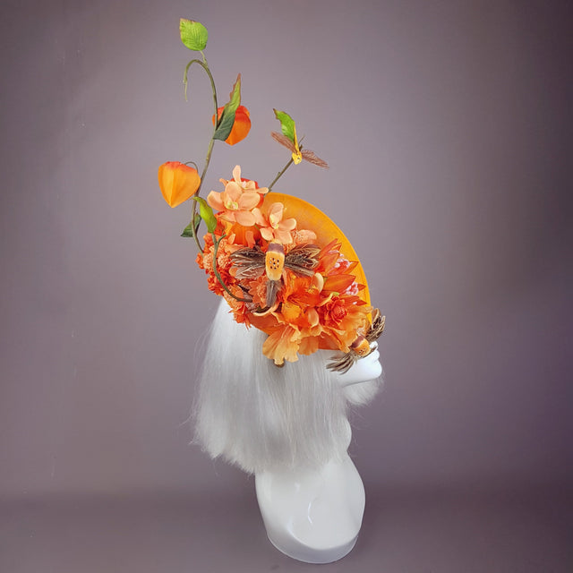 "Puesta de Sol" Orange Flowers & Hummingbirds Fascinator Hat