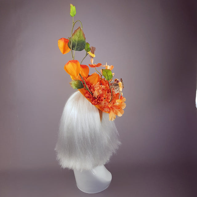 "Puesta de Sol" Orange Flowers & Hummingbirds Fascinator Hat