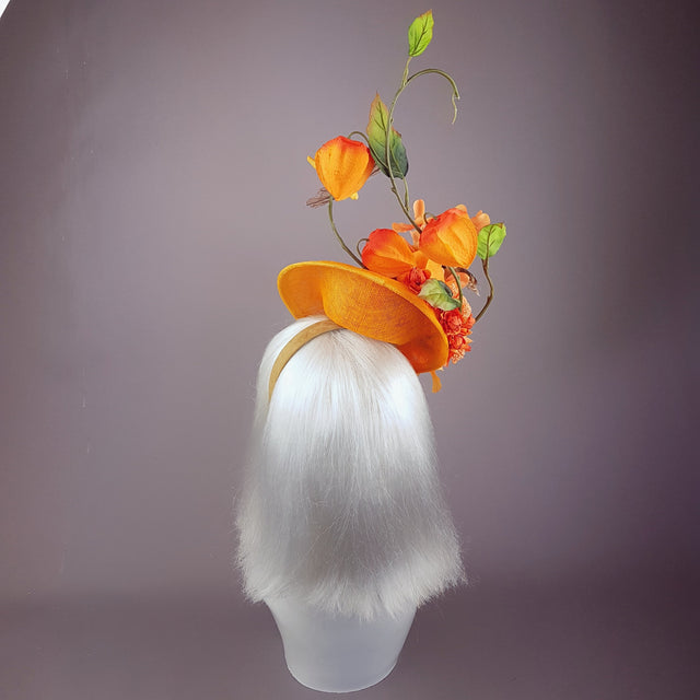 "Puesta de Sol" Orange Flowers & Hummingbirds Fascinator Hat