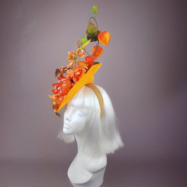 "Puesta de Sol" Orange Flowers & Hummingbirds Fascinator Hat