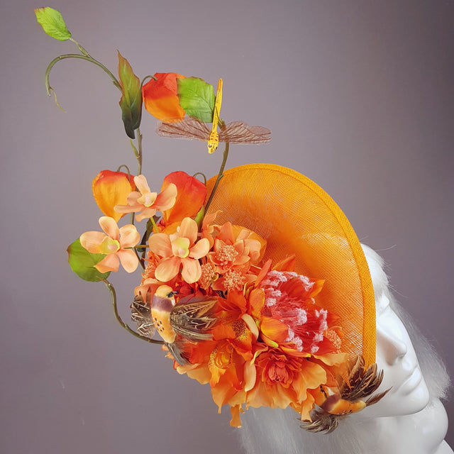 "Puesta de Sol" Orange Flowers & Hummingbirds Fascinator Hat