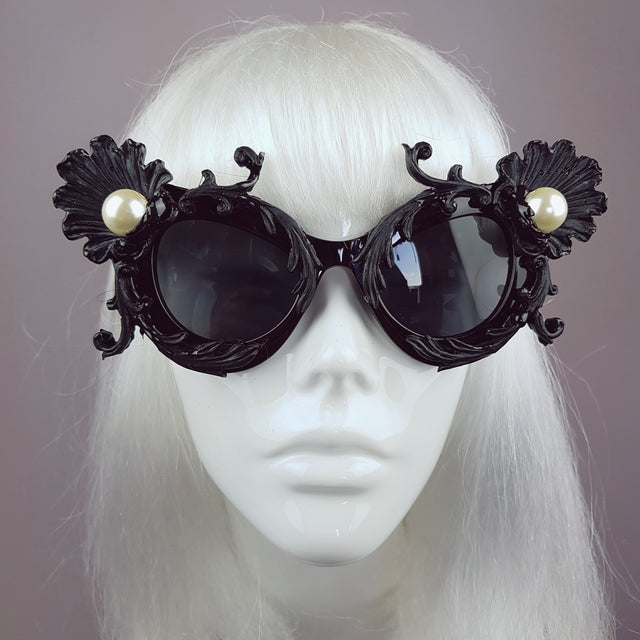 "Sereia" Black Baroque Filigree & Pearl Cats Eye Sunglasses