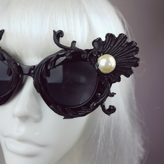 "Sereia" Black Baroque Filigree & Pearl Cats Eye Sunglasses