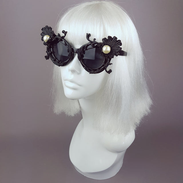 "Sereia" Black Baroque Filigree & Pearl Cats Eye Sunglasses