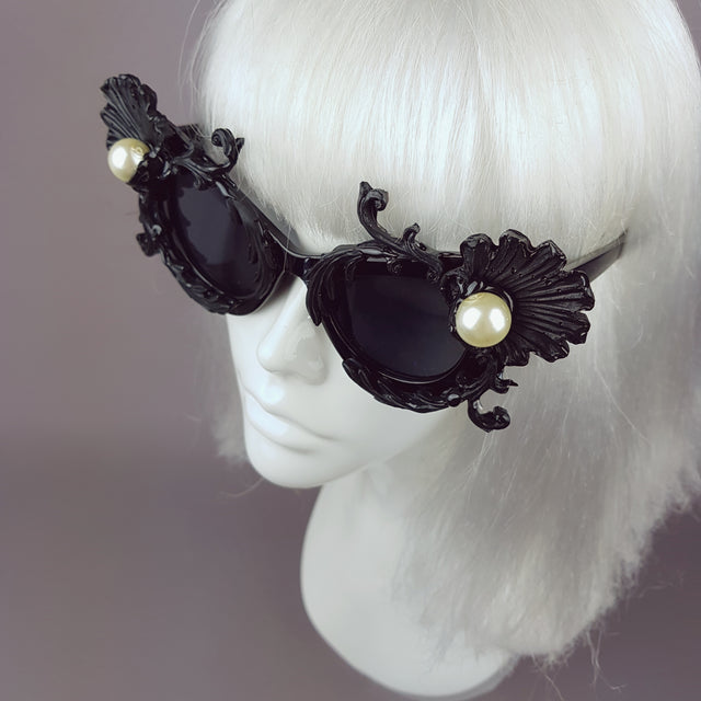 "Sereia" Black Baroque Filigree & Pearl Cats Eye Sunglasses