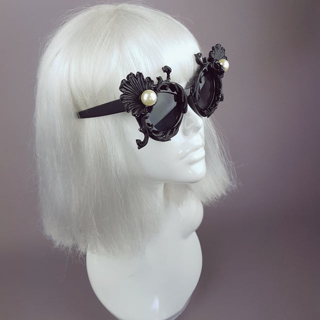 "Sereia" Black Baroque Filigree & Pearl Cats Eye Sunglasses