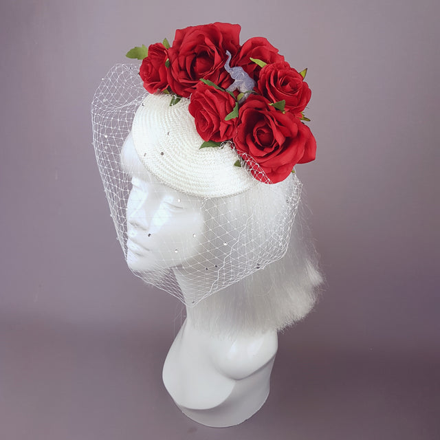 "Nellie" Red Roses & Elephant Ivory Veil Hat
