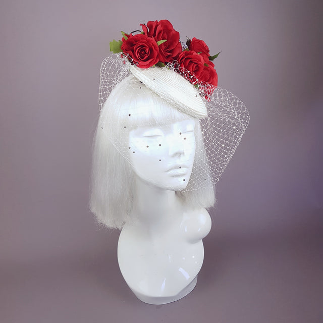 "Nellie" Red Roses & Elephant Ivory Veil Hat