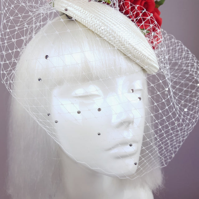 "Nellie" Red Roses & Elephant Ivory Veil Hat