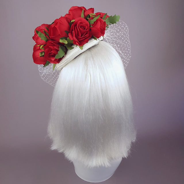 "Nellie" Red Roses & Elephant Ivory Veil Hat