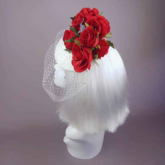 "Nellie" Red Roses & Elephant Ivory Veil Hat