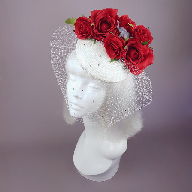 "Nellie" Red Roses & Elephant Ivory Veil Hat