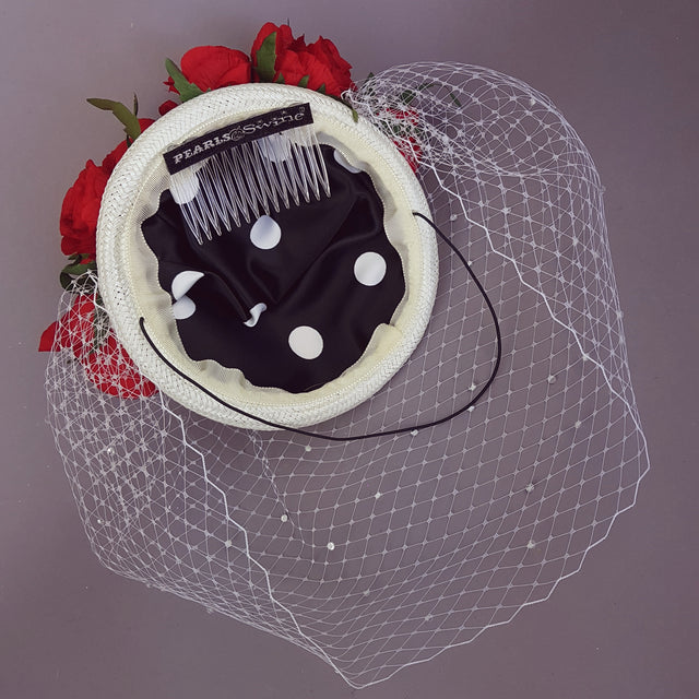 "Nellie" Red Roses & Elephant Ivory Veil Hat