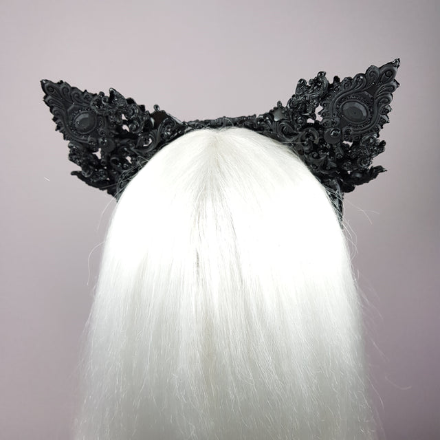 "Keimu" Black Filigree Cat Ear Headpiece