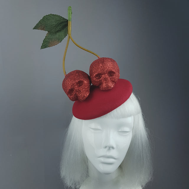 "Cerises" Large Red Glitter Skull Cherries Fascinator Hat