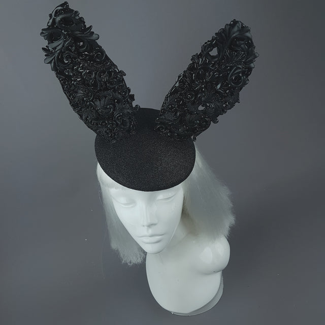 "Binky" Black Filigree Baroque Bunny Rabbit Ears Hat