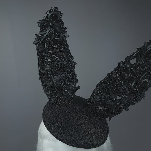 "Binky" Black Filigree Baroque Bunny Rabbit Ears Hat
