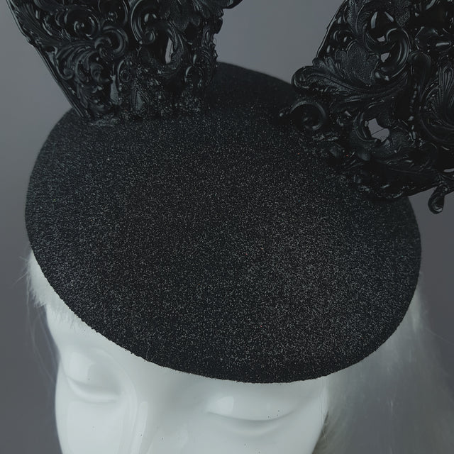"Binky" Black Filigree Baroque Bunny Rabbit Ears Hat