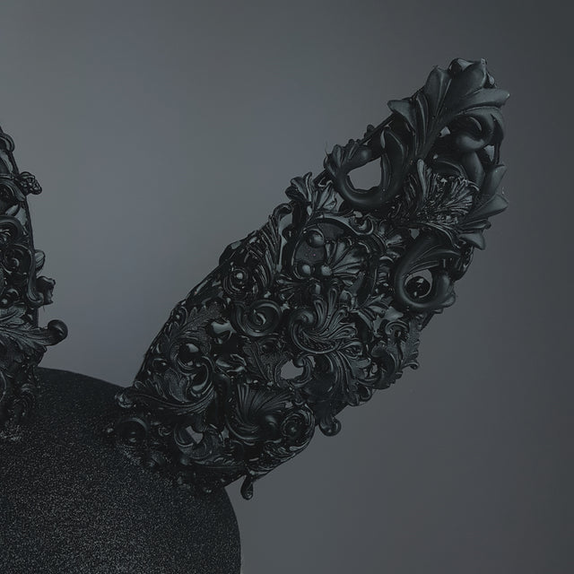 "Binky" Black Filigree Baroque Bunny Rabbit Ears Hat