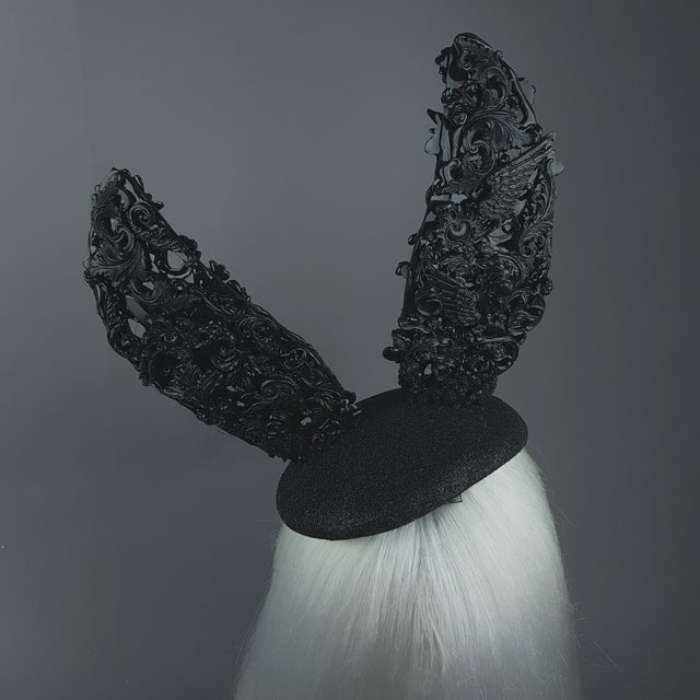 "Binky" Black Filigree Baroque Bunny Rabbit Ears Hat