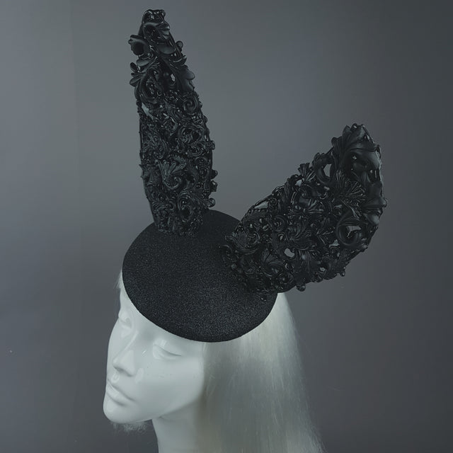 "Binky" Black Filigree Baroque Bunny Rabbit Ears Hat