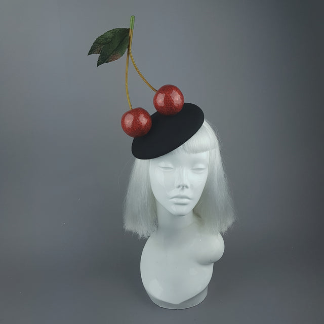 "Chérie" Large Red Glitter Cherries Fascinator Hat