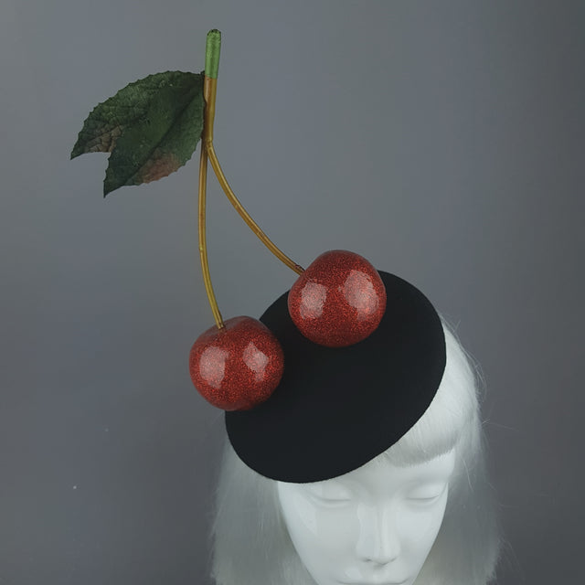 "Chérie" Large Red Glitter Cherries Fascinator Hat