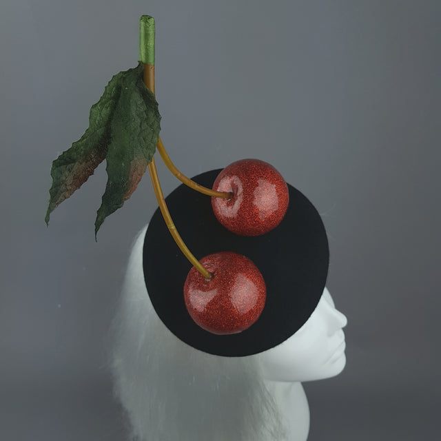 "Chérie" Large Red Glitter Cherries Fascinator Hat