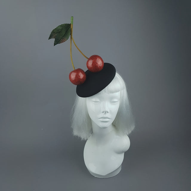 "Chérie" Large Red Glitter Cherries Fascinator Hat