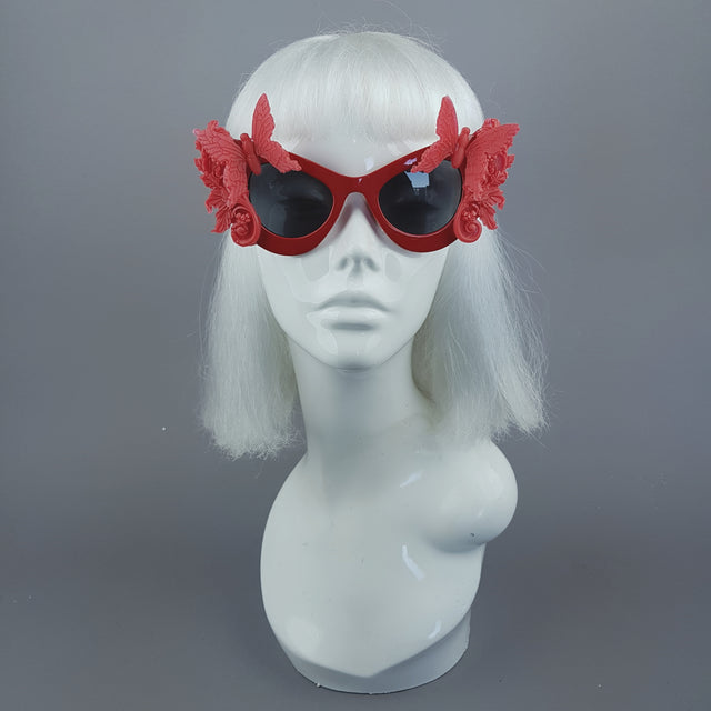 "Alucarda" Red 3D Butterflies Filigree Catseye Sunglasses