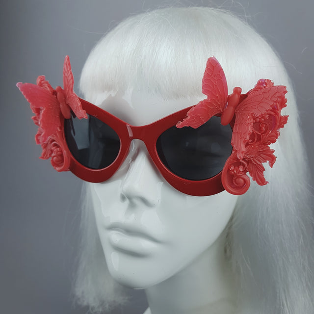 "Alucarda" Red 3D Butterflies Filigree Catseye Sunglasses
