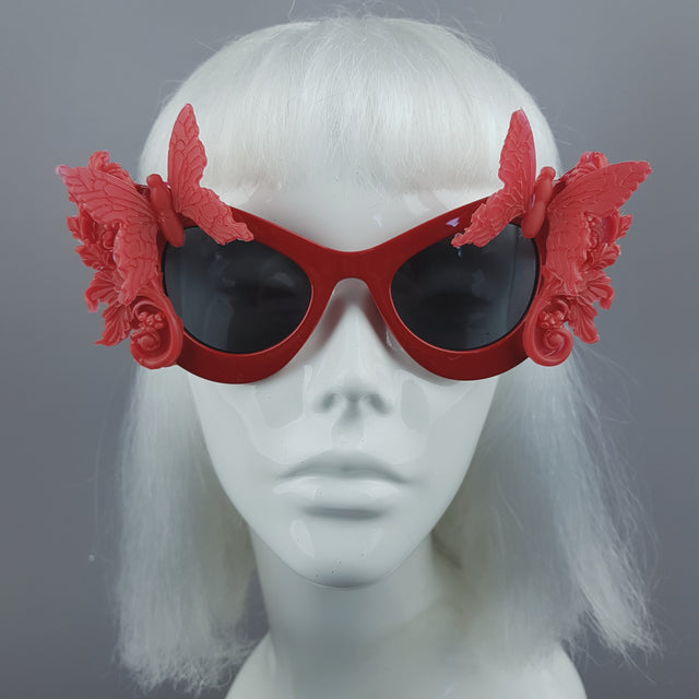 "Alucarda" Red 3D Butterflies Filigree Catseye Sunglasses