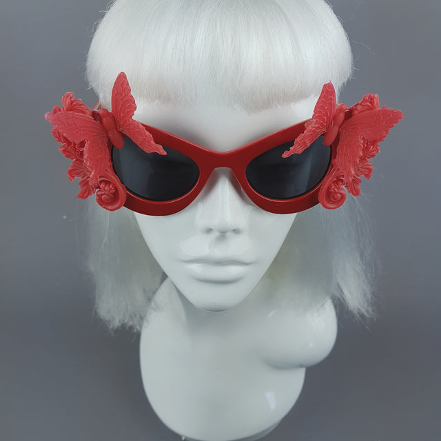 "Alucarda" Red 3D Butterflies Filigree Catseye Sunglasses