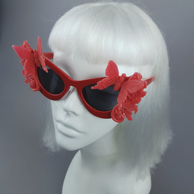 "Alucarda" Red 3D Butterflies Filigree Catseye Sunglasses