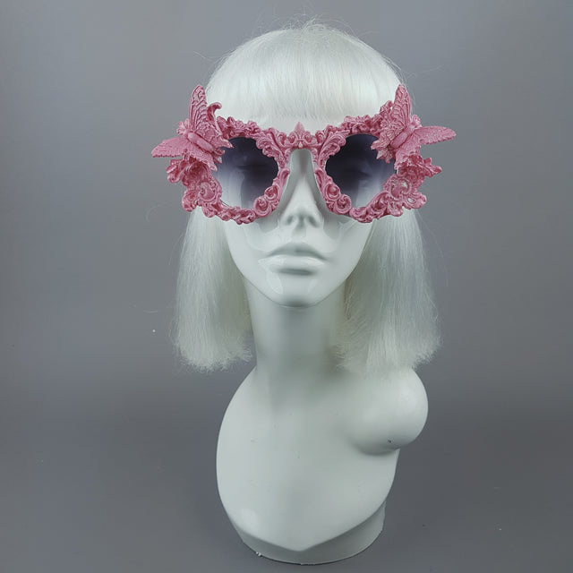 "Bellamira" Pink Glitter Filigree & Butterfly Sunglasses