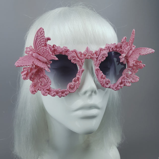 "Bellamira" Pink Glitter Filigree & Butterfly Sunglasses