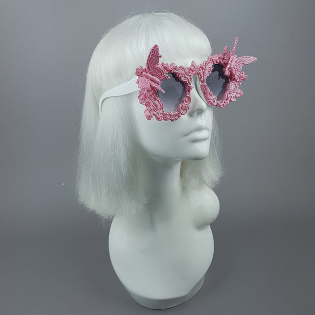 "Bellamira" Pink Glitter Filigree & Butterfly Sunglasses