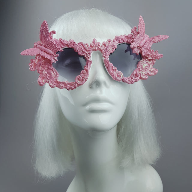 "Bellamira" Pink Glitter Filigree & Butterfly Sunglasses