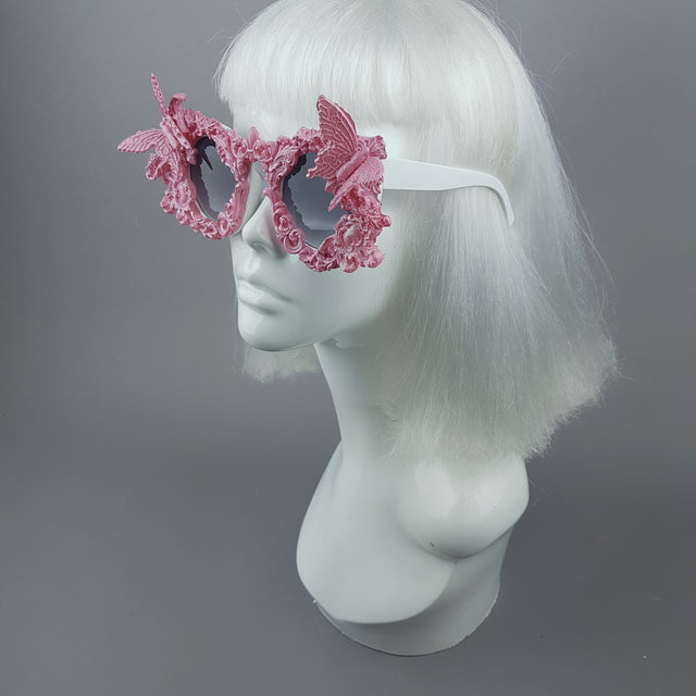 "Bellamira" Pink Glitter Filigree & Butterfly Sunglasses