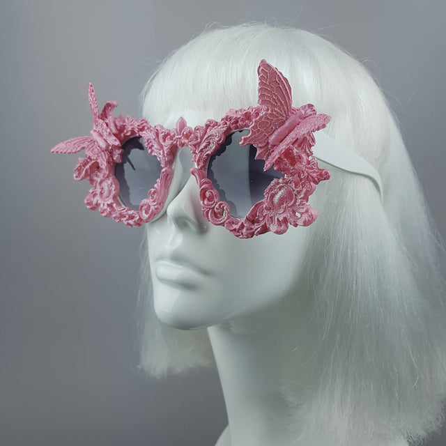 "Bellamira" Pink Glitter Filigree & Butterfly Sunglasses