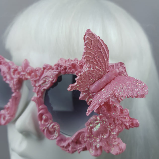 "Bellamira" Pink Glitter Filigree & Butterfly Sunglasses