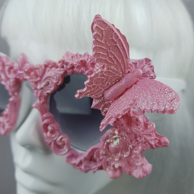 "Bellamira" Pink Glitter Filigree & Butterfly Sunglasses