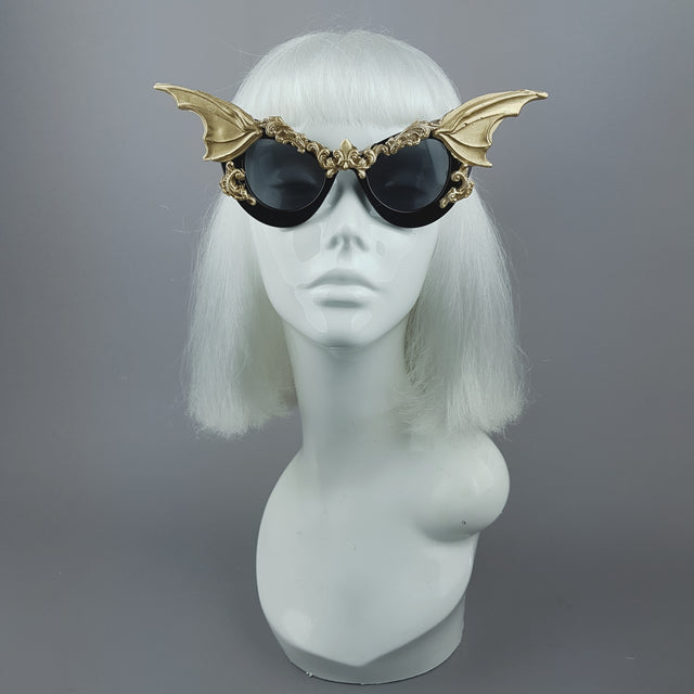 "Vamp" Gold Bat Wing Filigree Catseye Sunglasses