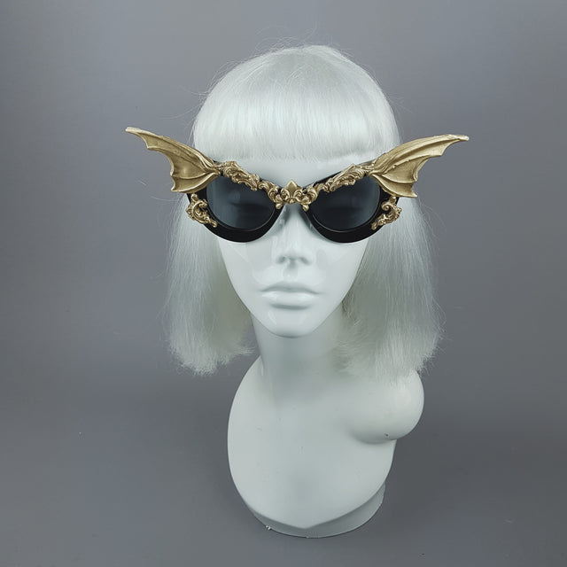 "Vamp" Gold Bat Wing Filigree Catseye Sunglasses