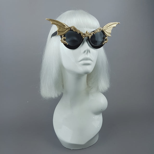 "Vamp" Gold Bat Wing Filigree Catseye Sunglasses