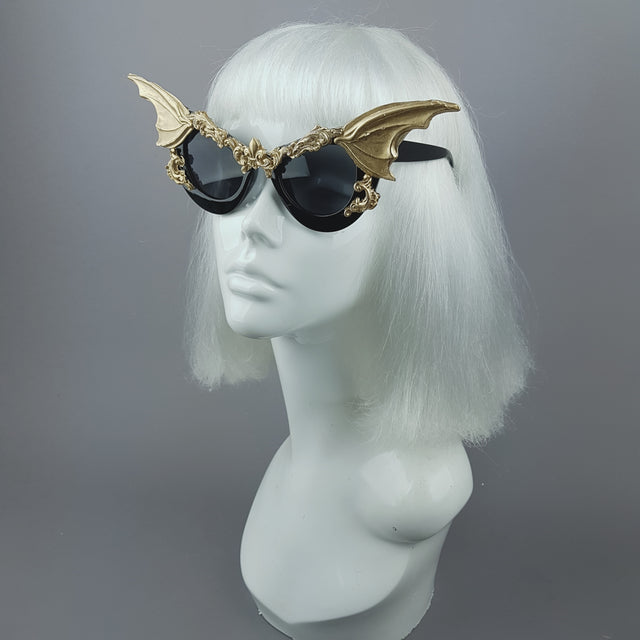 "Vamp" Gold Bat Wing Filigree Catseye Sunglasses